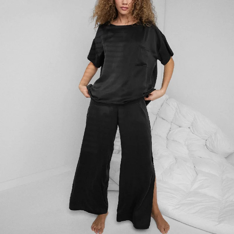 Washable Silk Tee Pant Set Chic Checkered Pants
